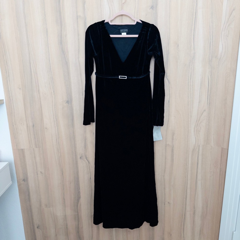Olian Velvet Maxi Dress S Black Rhinestone Buckle Long Sleeve Whimsigoth WItchy